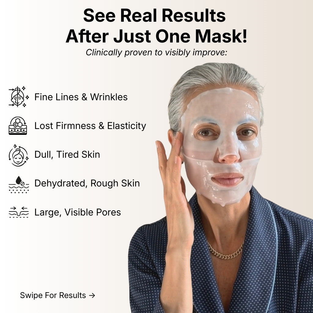 Woman applying a face mask with text highlighting skin benefits on a beige background