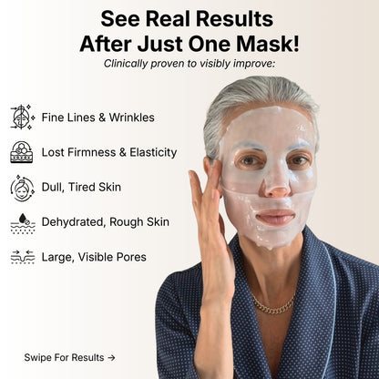 Woman applying a face mask with text highlighting skin benefits on a beige background